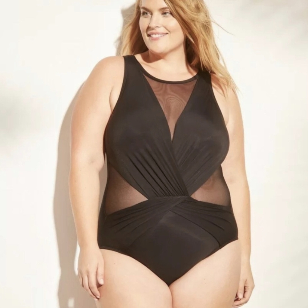 Swimsuit PLUS 20 20W 2X Black Mesh Sexy Cut Outs 1pc Swim Bathing Suit NEW‎ NWT